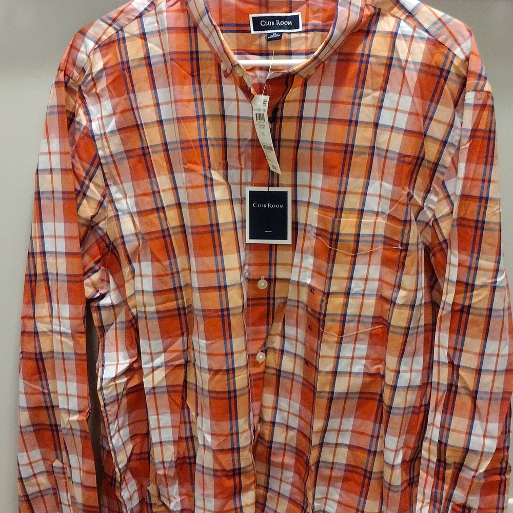 Club Room Men's Coral Plaid Shirt, XL, M, S, Long Sleeve, Button Up, Lightweight